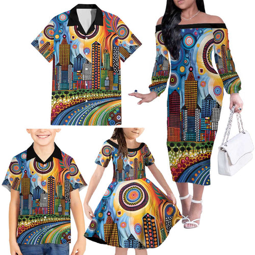 The Gold Coast Queensland Family Matching Off The Shoulder Long Sleeve Dress and Hawaiian Shirt Australian Landscapes Aboriginal Dot Painting