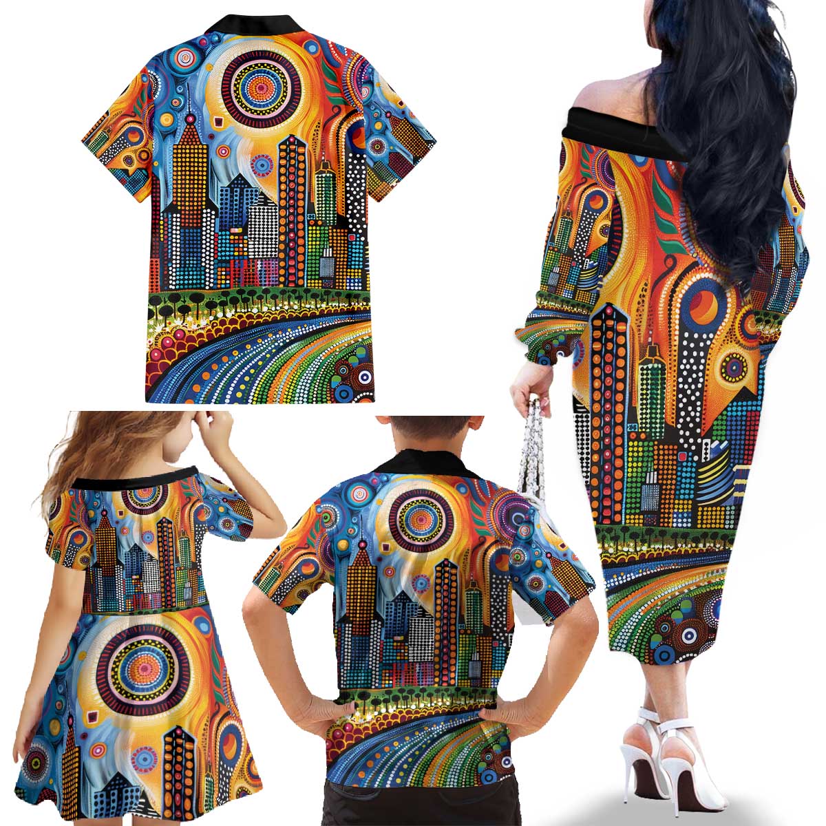 The Gold Coast Queensland Family Matching Off The Shoulder Long Sleeve Dress and Hawaiian Shirt Australian Landscapes Aboriginal Dot Painting
