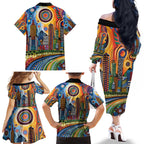 The Gold Coast Queensland Family Matching Off The Shoulder Long Sleeve Dress and Hawaiian Shirt Australian Landscapes Aboriginal Dot Painting