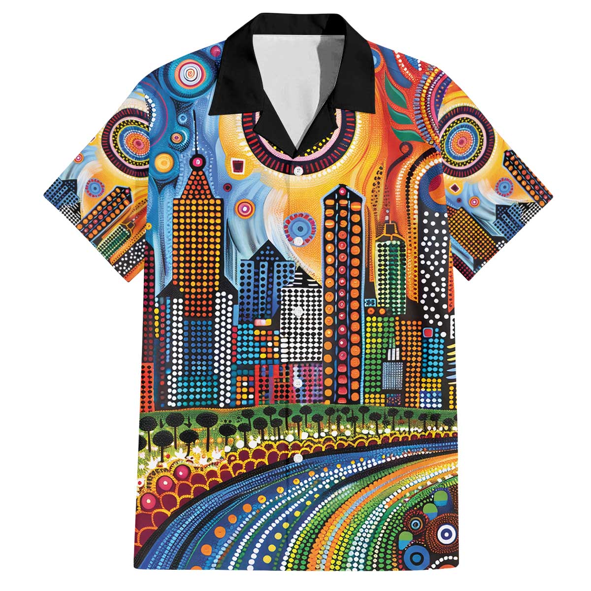 The Gold Coast Queensland Family Matching Off The Shoulder Long Sleeve Dress and Hawaiian Shirt Australian Landscapes Aboriginal Dot Painting