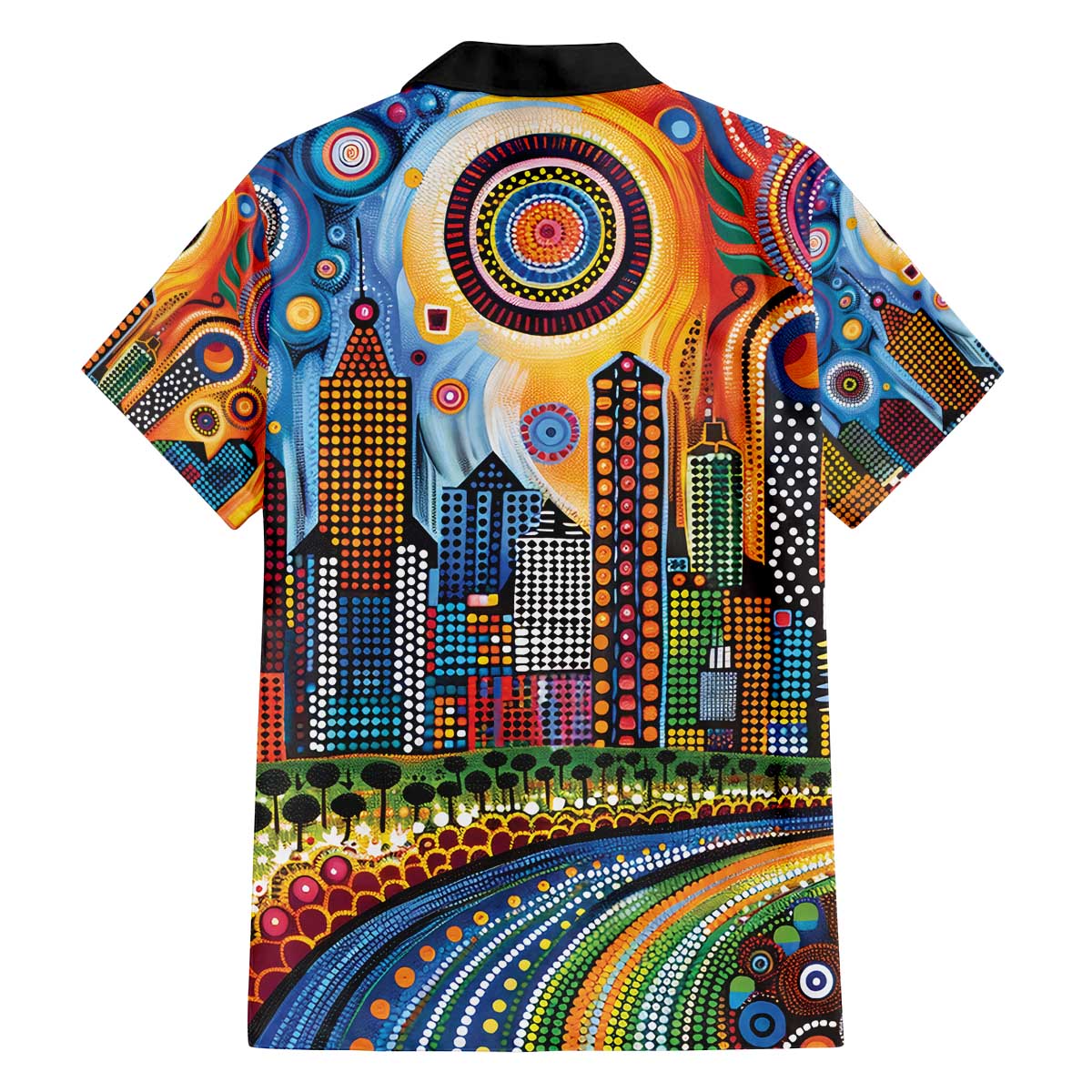 The Gold Coast Queensland Family Matching Off The Shoulder Long Sleeve Dress and Hawaiian Shirt Australian Landscapes Aboriginal Dot Painting