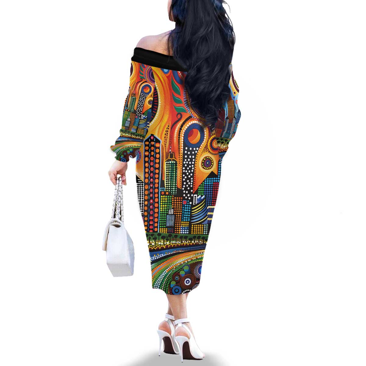 The Gold Coast Queensland Family Matching Off The Shoulder Long Sleeve Dress and Hawaiian Shirt Australian Landscapes Aboriginal Dot Painting