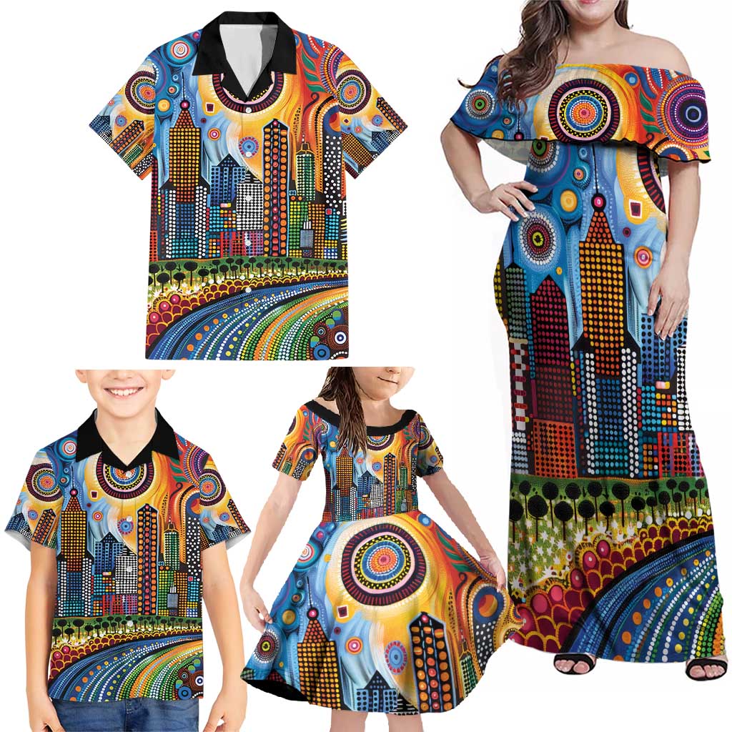 The Gold Coast Queensland Family Matching Off Shoulder Maxi Dress and Hawaiian Shirt Australian Landscapes Aboriginal Dot Painting