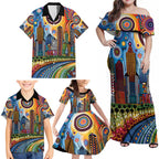 The Gold Coast Queensland Family Matching Off Shoulder Maxi Dress and Hawaiian Shirt Australian Landscapes Aboriginal Dot Painting