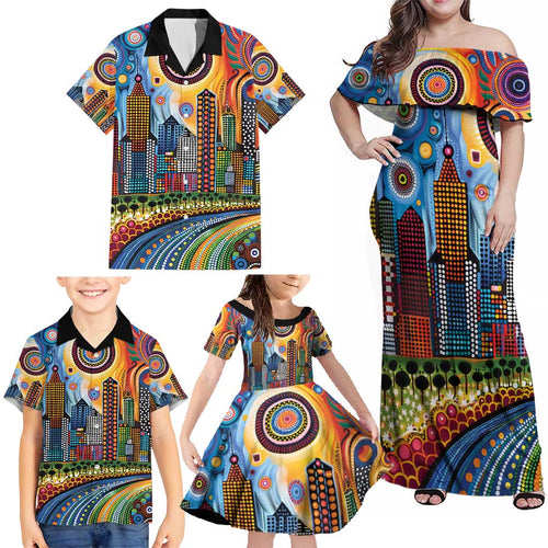 The Gold Coast Queensland Family Matching Off Shoulder Maxi Dress and Hawaiian Shirt Australian Landscapes Aboriginal Dot Painting