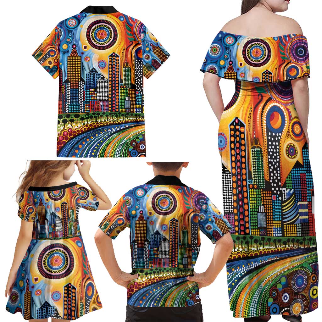 The Gold Coast Queensland Family Matching Off Shoulder Maxi Dress and Hawaiian Shirt Australian Landscapes Aboriginal Dot Painting
