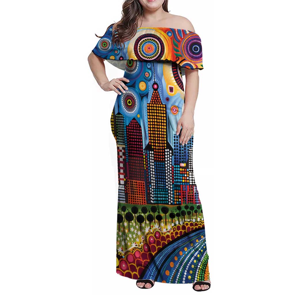 The Gold Coast Queensland Family Matching Off Shoulder Maxi Dress and Hawaiian Shirt Australian Landscapes Aboriginal Dot Painting