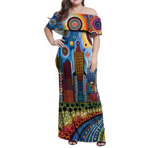 The Gold Coast Queensland Family Matching Off Shoulder Maxi Dress and Hawaiian Shirt Australian Landscapes Aboriginal Dot Painting