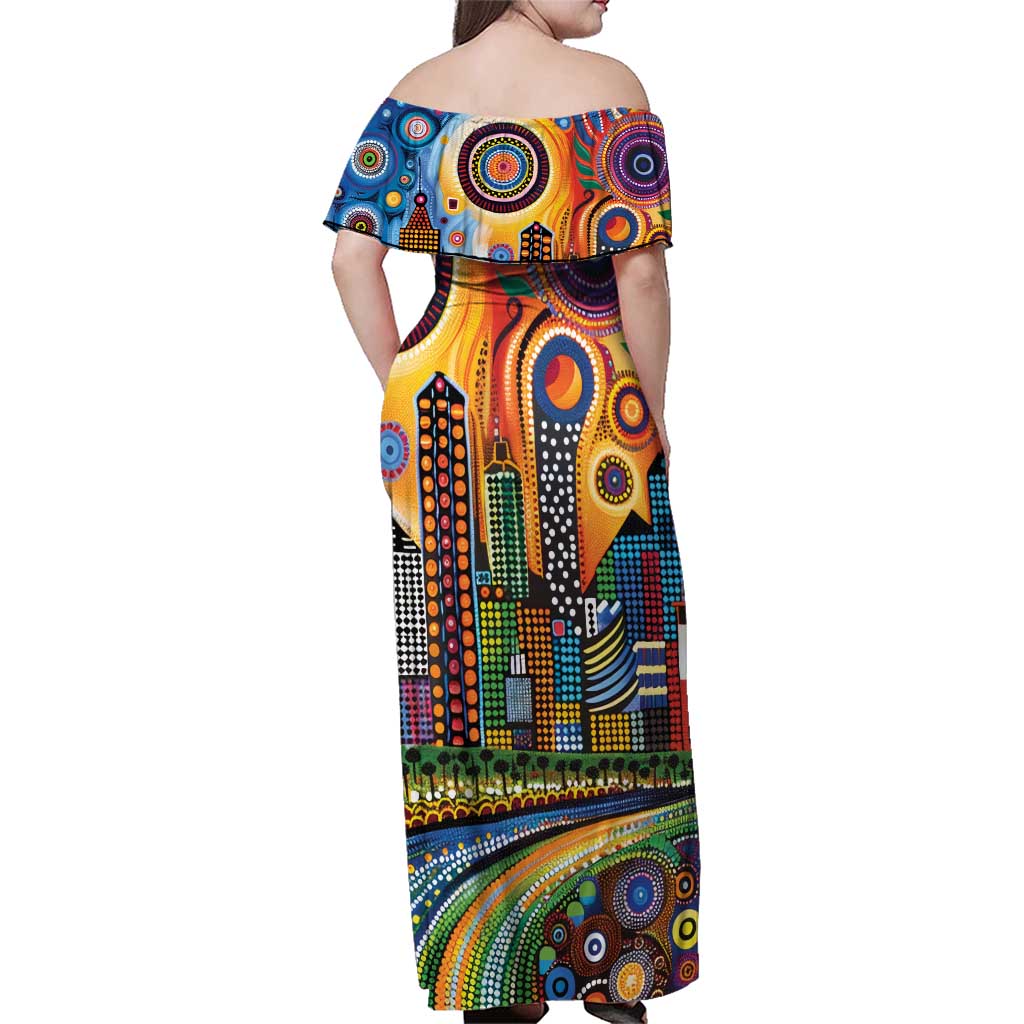 The Gold Coast Queensland Family Matching Off Shoulder Maxi Dress and Hawaiian Shirt Australian Landscapes Aboriginal Dot Painting