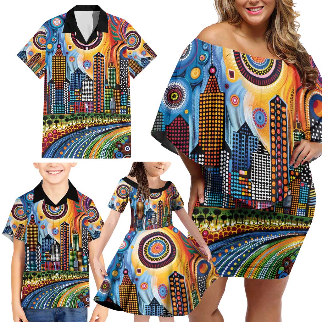 The Gold Coast Queensland Family Matching Off Shoulder Short Dress and Hawaiian Shirt Australian Landscapes Aboriginal Dot Painting
