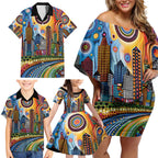 The Gold Coast Queensland Family Matching Off Shoulder Short Dress and Hawaiian Shirt Australian Landscapes Aboriginal Dot Painting