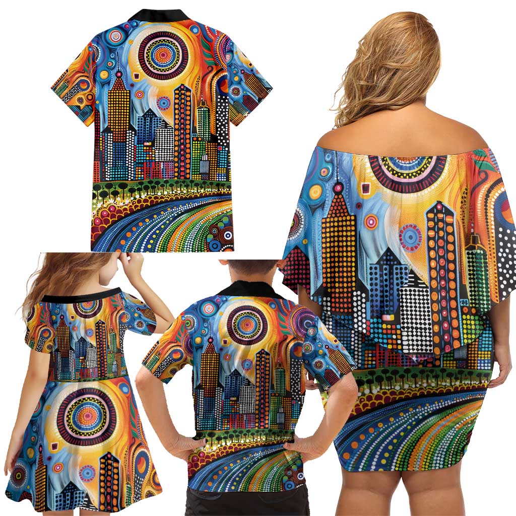 The Gold Coast Queensland Family Matching Off Shoulder Short Dress and Hawaiian Shirt Australian Landscapes Aboriginal Dot Painting
