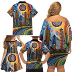 The Gold Coast Queensland Family Matching Off Shoulder Short Dress and Hawaiian Shirt Australian Landscapes Aboriginal Dot Painting