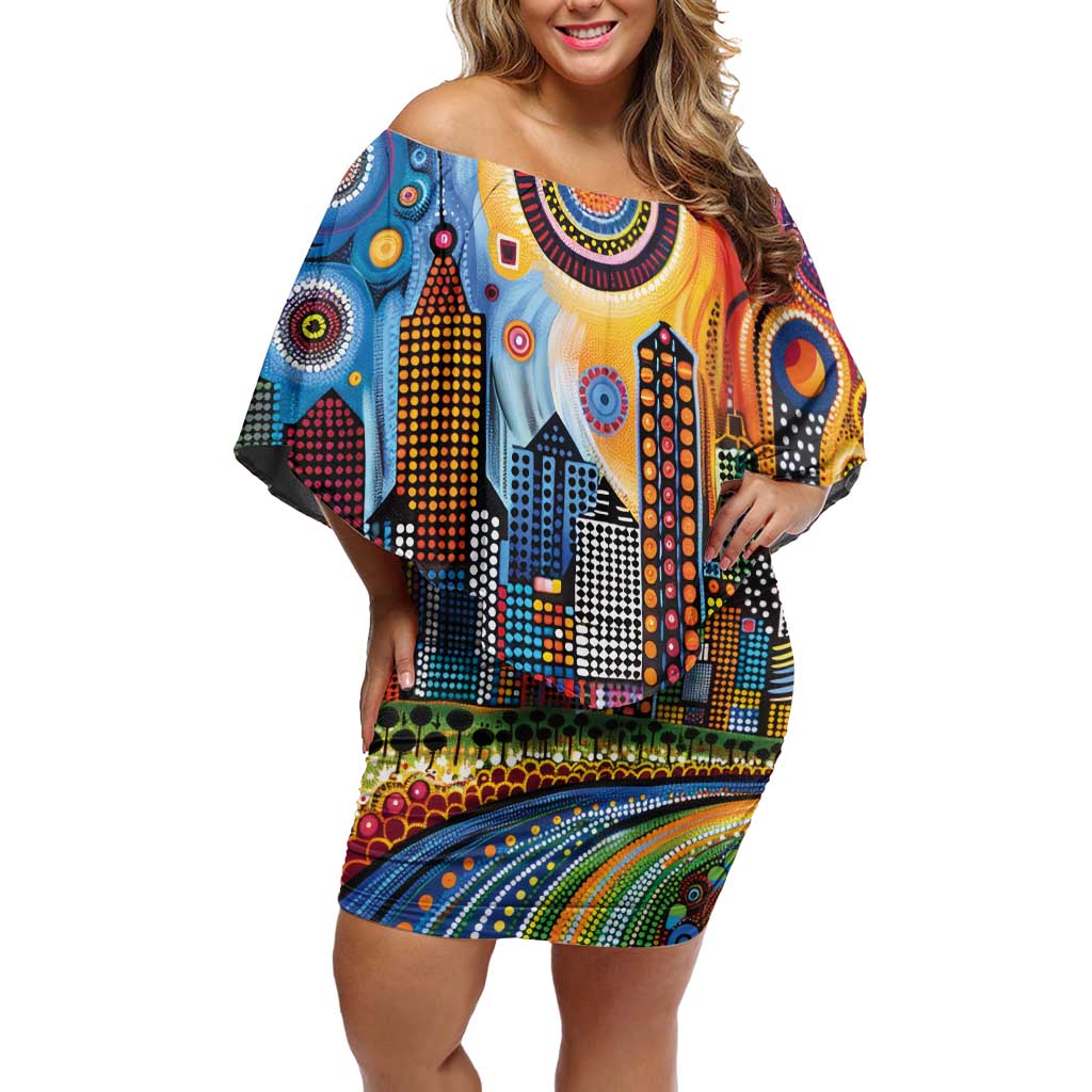The Gold Coast Queensland Family Matching Off Shoulder Short Dress and Hawaiian Shirt Australian Landscapes Aboriginal Dot Painting