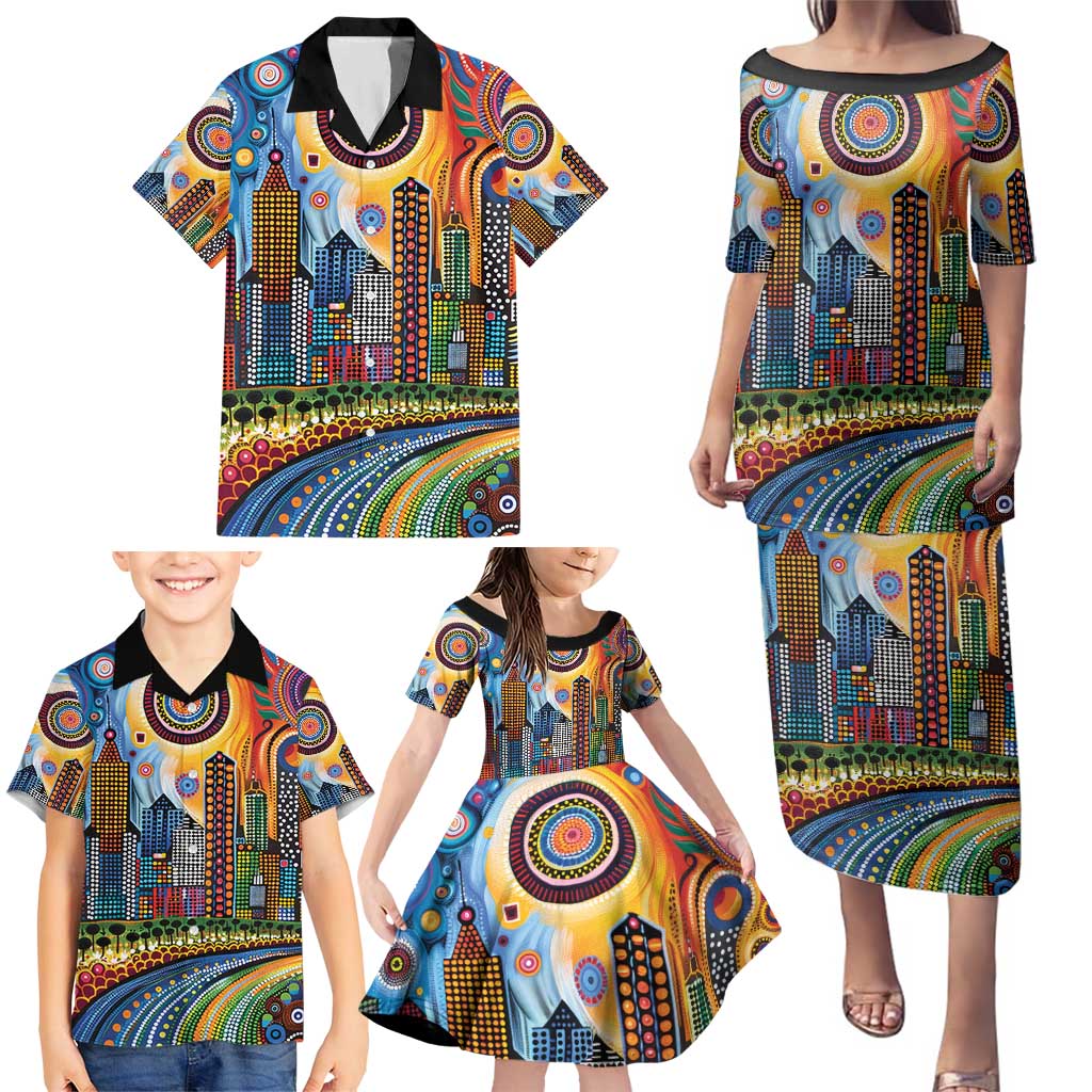 The Gold Coast Queensland Family Matching Puletasi and Hawaiian Shirt Australian Landscapes Aboriginal Dot Painting
