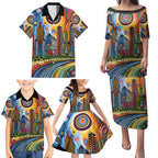 The Gold Coast Queensland Family Matching Puletasi and Hawaiian Shirt Australian Landscapes Aboriginal Dot Painting