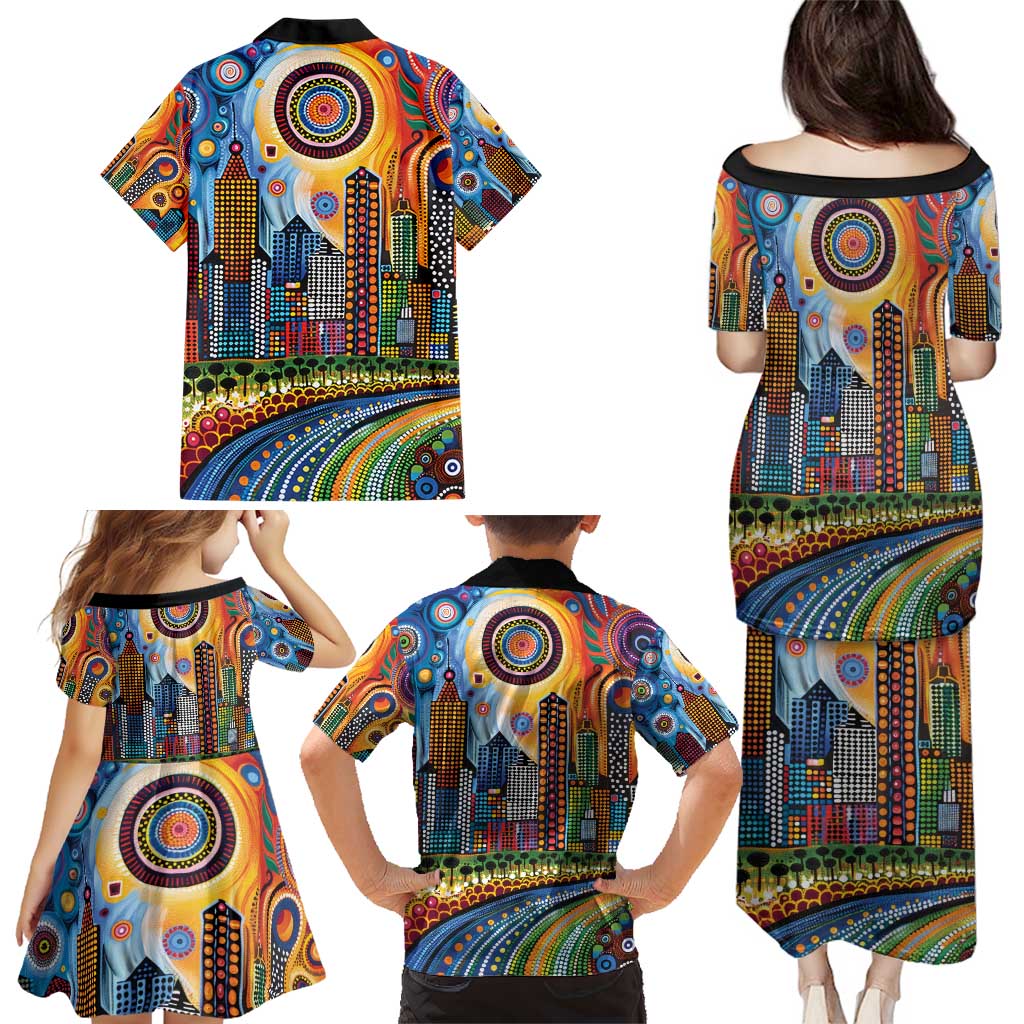 The Gold Coast Queensland Family Matching Puletasi and Hawaiian Shirt Australian Landscapes Aboriginal Dot Painting