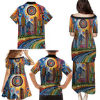 The Gold Coast Queensland Family Matching Puletasi and Hawaiian Shirt Australian Landscapes Aboriginal Dot Painting