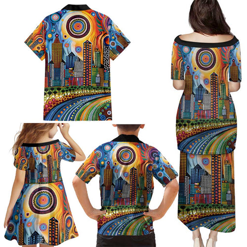 The Gold Coast Queensland Family Matching Puletasi and Hawaiian Shirt Australian Landscapes Aboriginal Dot Painting