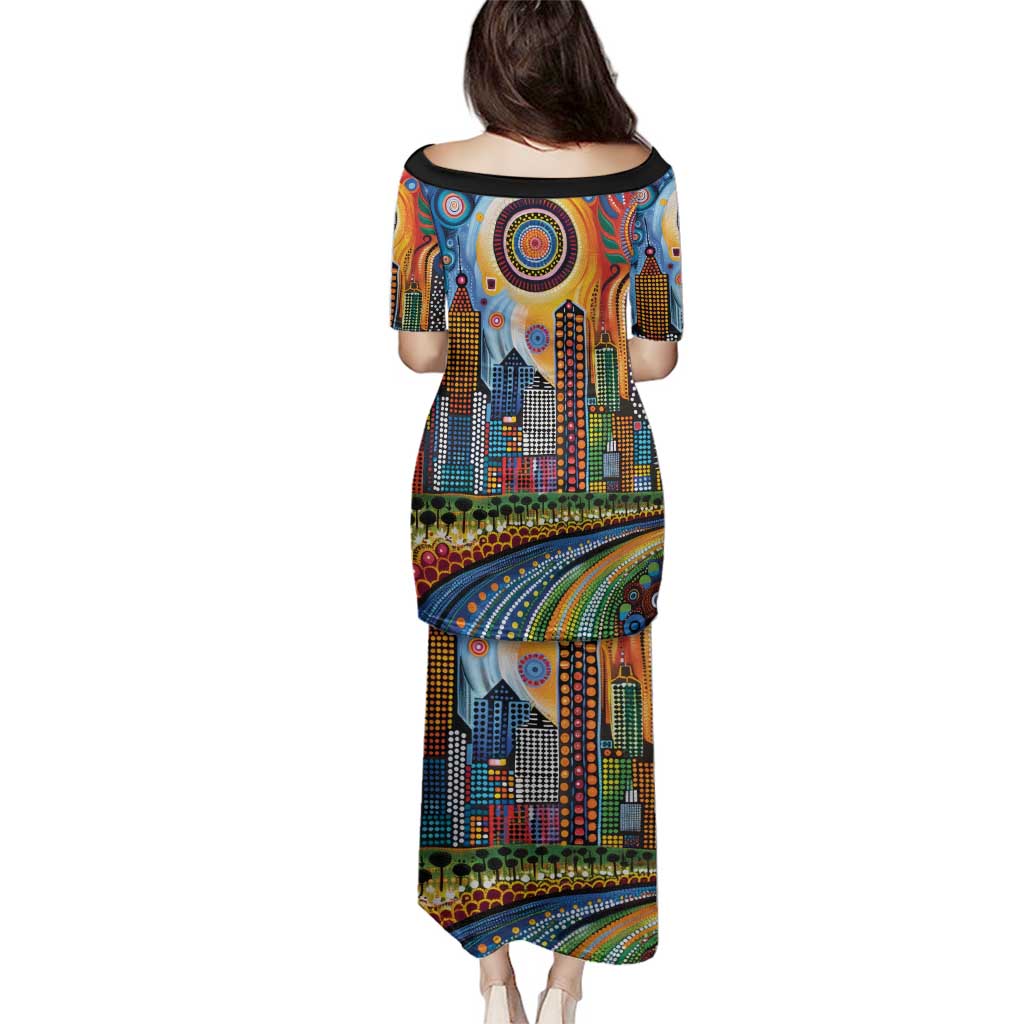 The Gold Coast Queensland Family Matching Puletasi and Hawaiian Shirt Australian Landscapes Aboriginal Dot Painting