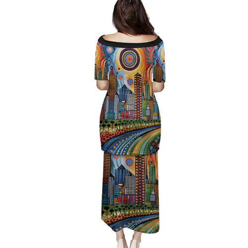 The Gold Coast Queensland Family Matching Puletasi and Hawaiian Shirt Australian Landscapes Aboriginal Dot Painting