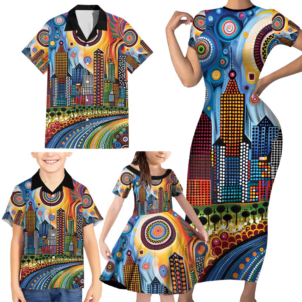 The Gold Coast Queensland Family Matching Short Sleeve Bodycon Dress and Hawaiian Shirt Australian Landscapes Aboriginal Dot Painting
