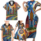 The Gold Coast Queensland Family Matching Short Sleeve Bodycon Dress and Hawaiian Shirt Australian Landscapes Aboriginal Dot Painting
