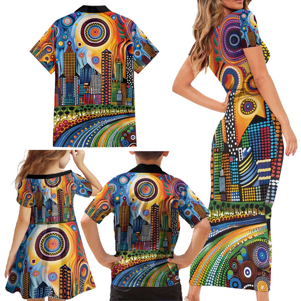 The Gold Coast Queensland Family Matching Short Sleeve Bodycon Dress and Hawaiian Shirt Australian Landscapes Aboriginal Dot Painting
