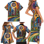 The Gold Coast Queensland Family Matching Short Sleeve Bodycon Dress and Hawaiian Shirt Australian Landscapes Aboriginal Dot Painting