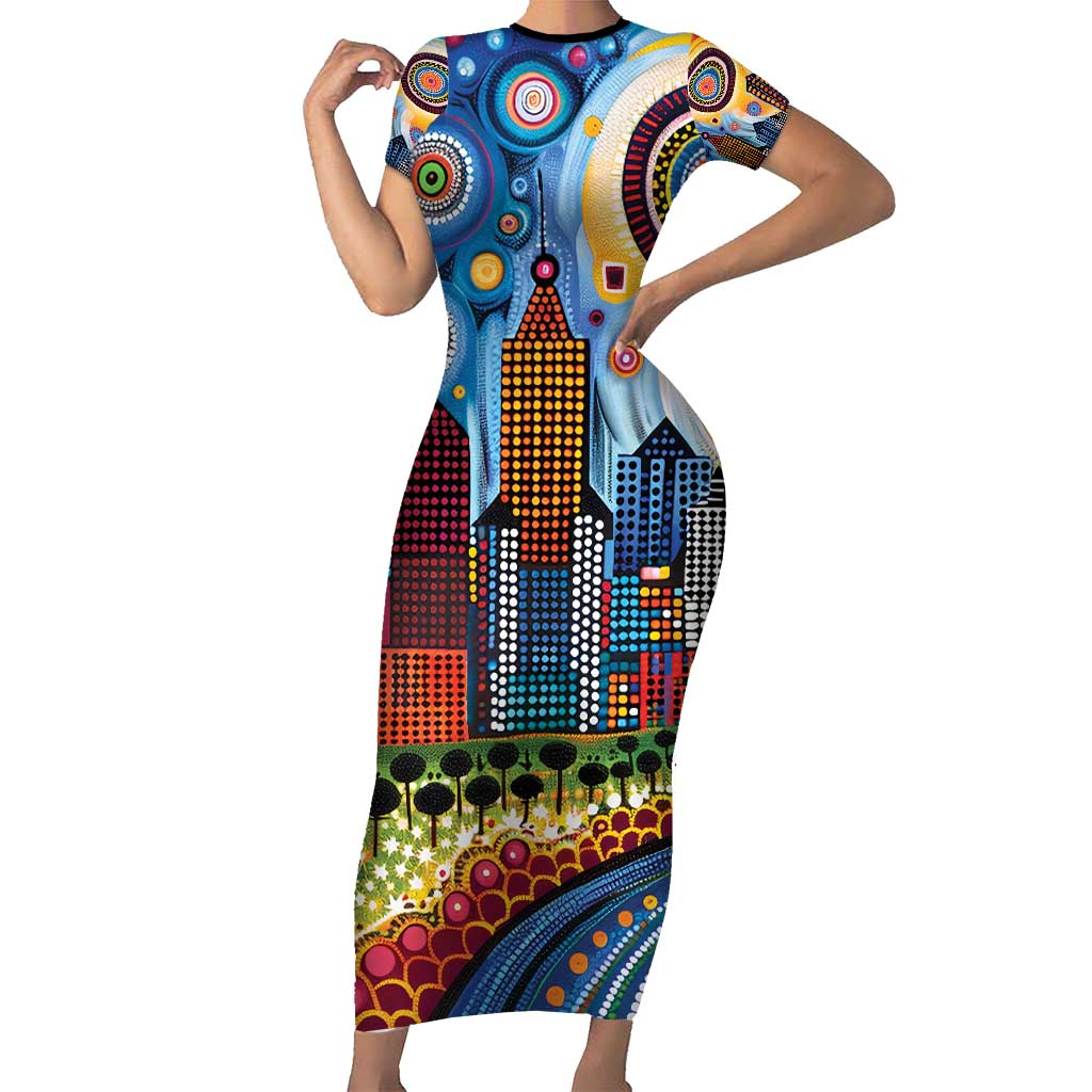 The Gold Coast Queensland Family Matching Short Sleeve Bodycon Dress and Hawaiian Shirt Australian Landscapes Aboriginal Dot Painting