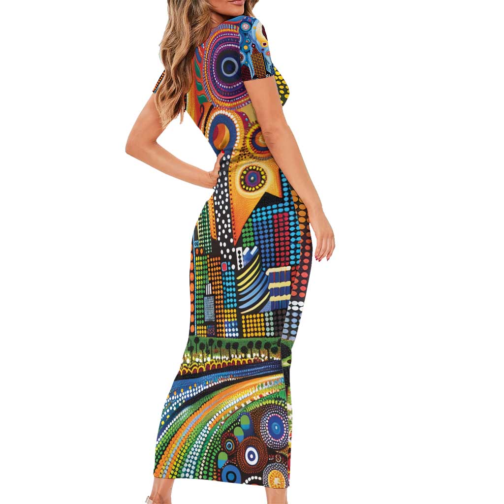 The Gold Coast Queensland Family Matching Short Sleeve Bodycon Dress and Hawaiian Shirt Australian Landscapes Aboriginal Dot Painting