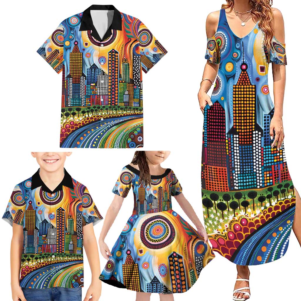 The Gold Coast Queensland Family Matching Summer Maxi Dress and Hawaiian Shirt Australian Landscapes Aboriginal Dot Painting