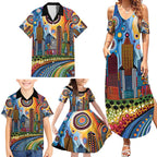 The Gold Coast Queensland Family Matching Summer Maxi Dress and Hawaiian Shirt Australian Landscapes Aboriginal Dot Painting
