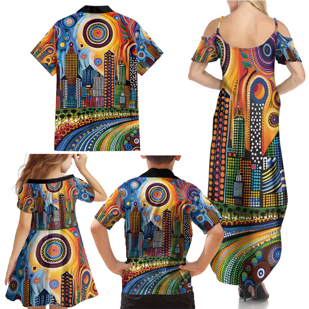The Gold Coast Queensland Family Matching Summer Maxi Dress and Hawaiian Shirt Australian Landscapes Aboriginal Dot Painting