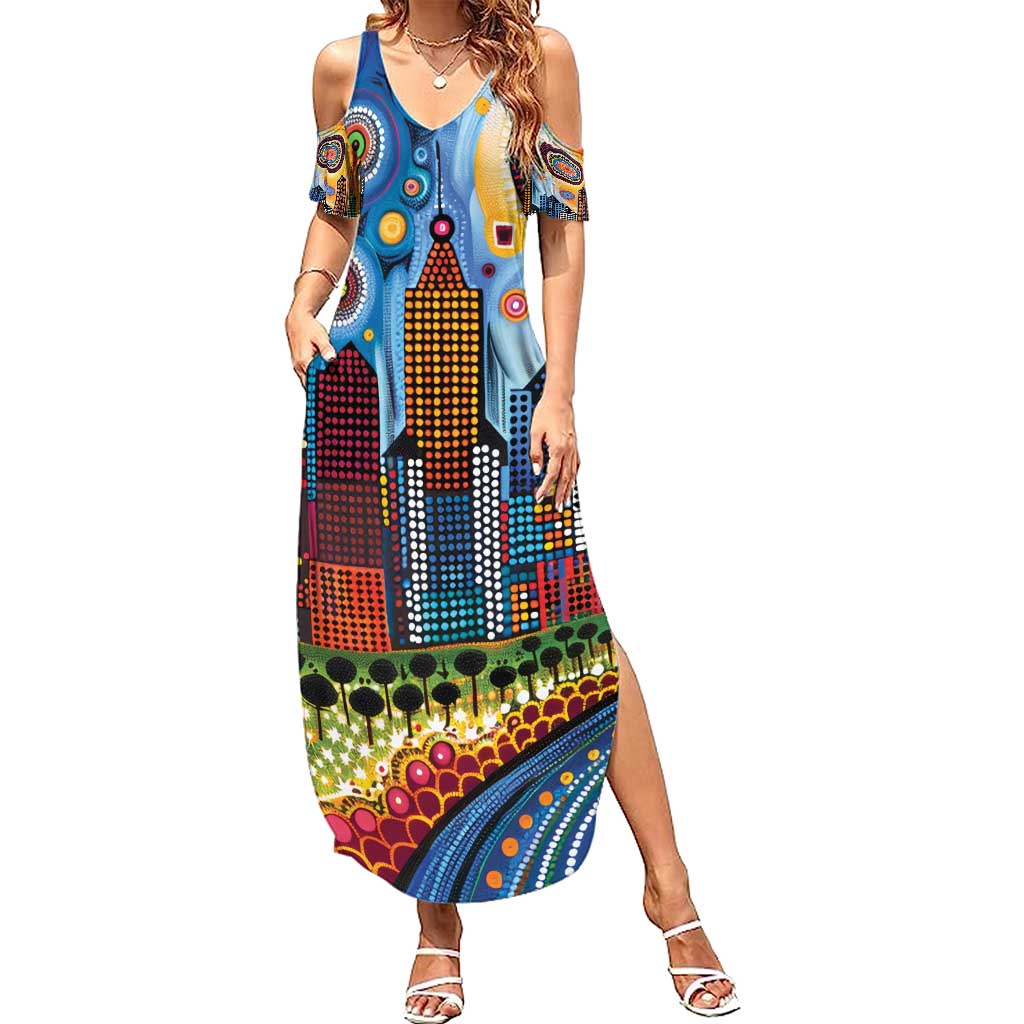 The Gold Coast Queensland Family Matching Summer Maxi Dress and Hawaiian Shirt Australian Landscapes Aboriginal Dot Painting
