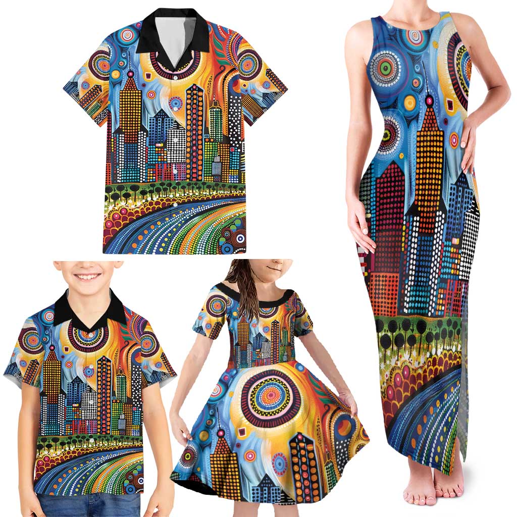 The Gold Coast Queensland Family Matching Tank Maxi Dress and Hawaiian Shirt Australian Landscapes Aboriginal Dot Painting