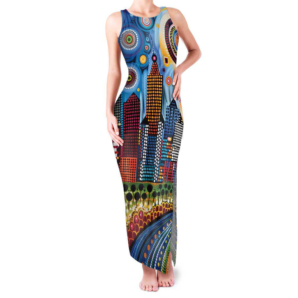 The Gold Coast Queensland Family Matching Tank Maxi Dress and Hawaiian Shirt Australian Landscapes Aboriginal Dot Painting