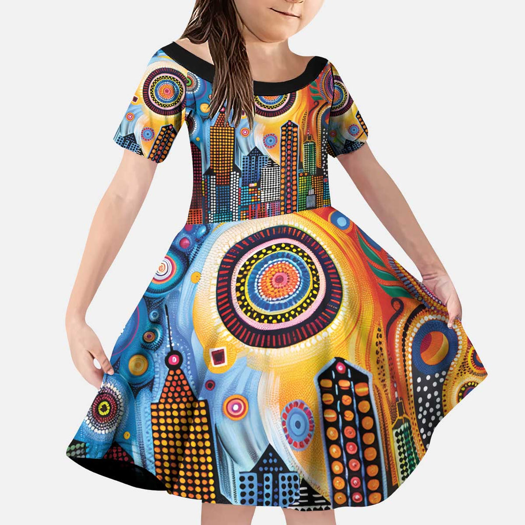The Gold Coast Queensland Kid Short Sleeve Dress Australian Landscapes Aboriginal Dot Painting