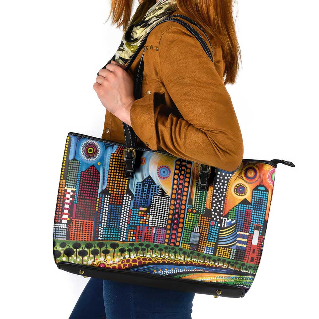 The Gold Coast Queensland Leather Tote Bag Australian Landscapes Aboriginal Dot Painting