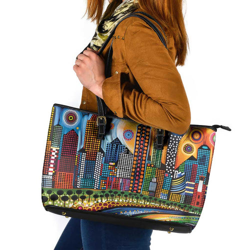 The Gold Coast Queensland Leather Tote Bag Australian Landscapes Aboriginal Dot Painting