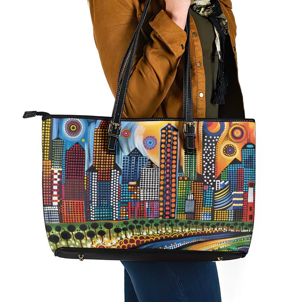 The Gold Coast Queensland Leather Tote Bag Australian Landscapes Aboriginal Dot Painting