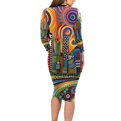 The Gold Coast Queensland Long Sleeve Bodycon Dress Australian Landscapes Aboriginal Dot Painting