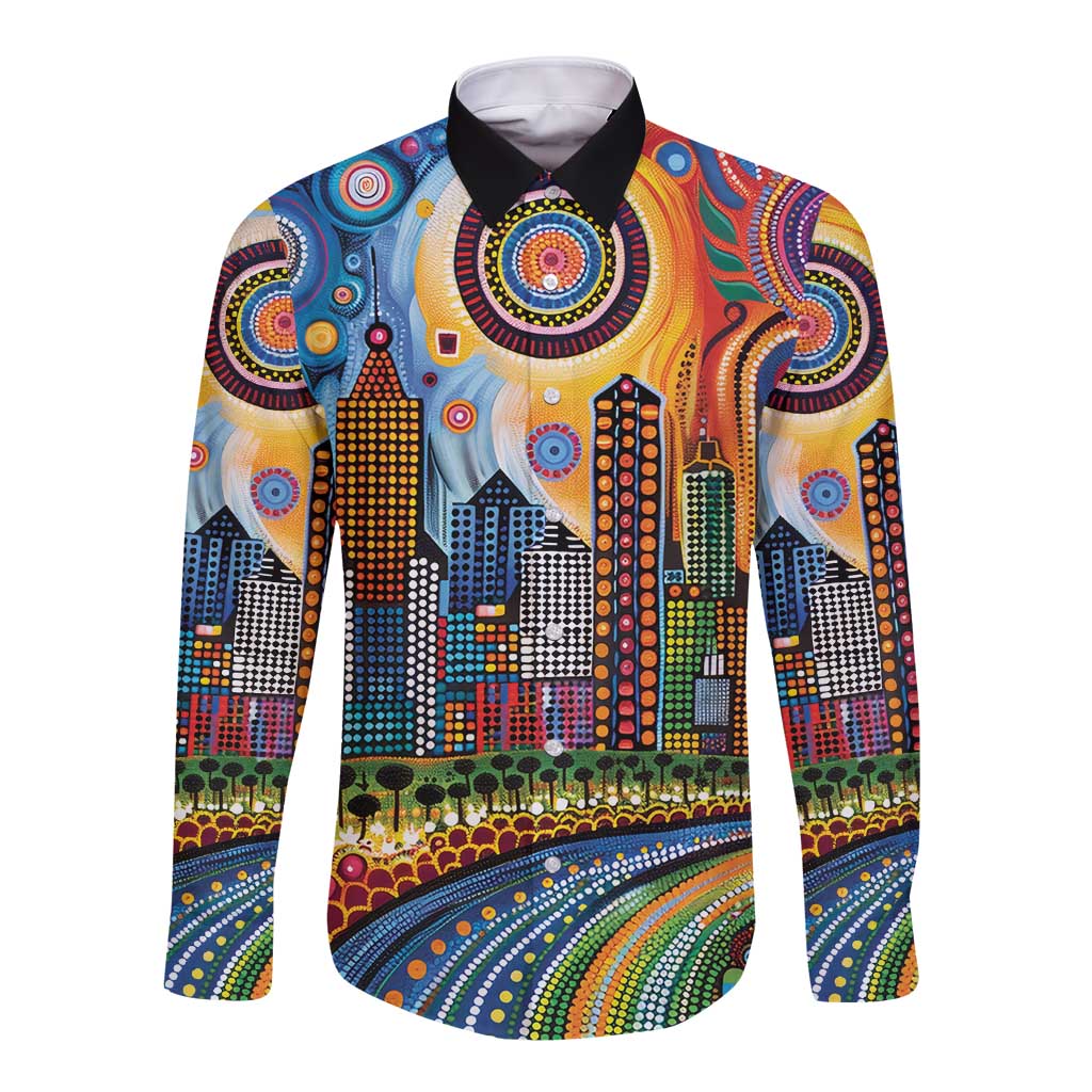The Gold Coast Queensland Long Sleeve Button Shirt Australian Landscapes Aboriginal Dot Painting
