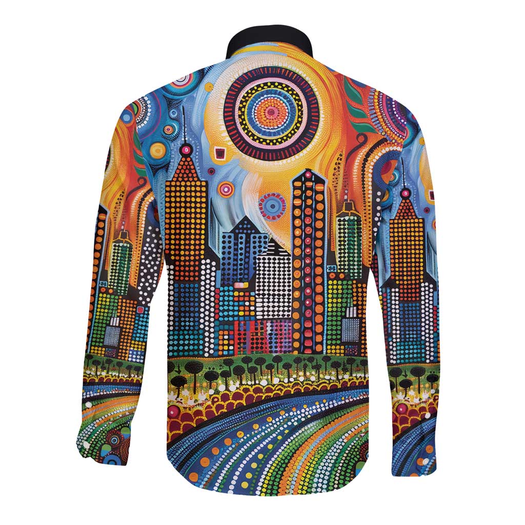 The Gold Coast Queensland Long Sleeve Button Shirt Australian Landscapes Aboriginal Dot Painting