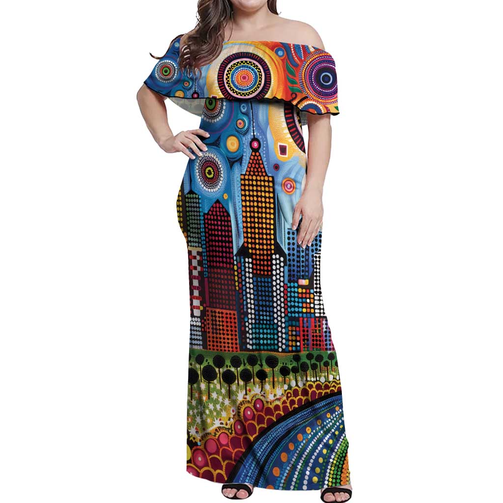 The Gold Coast Queensland Off Shoulder Maxi Dress Australian Landscapes Aboriginal Dot Painting
