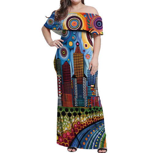 The Gold Coast Queensland Off Shoulder Maxi Dress Australian Landscapes Aboriginal Dot Painting