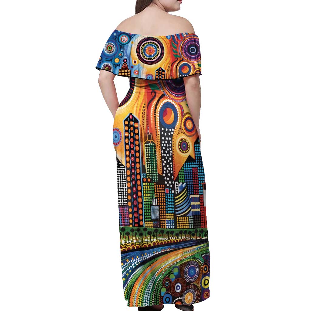 The Gold Coast Queensland Off Shoulder Maxi Dress Australian Landscapes Aboriginal Dot Painting