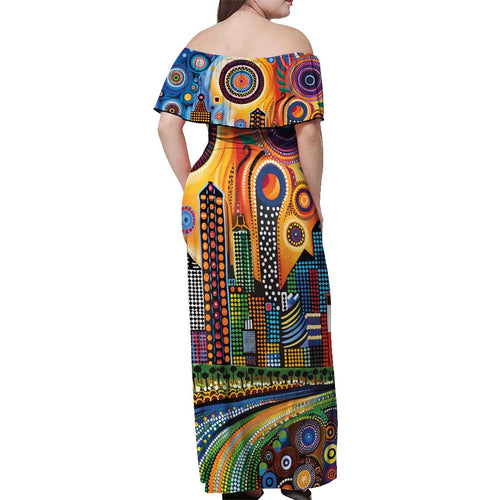 The Gold Coast Queensland Off Shoulder Maxi Dress Australian Landscapes Aboriginal Dot Painting