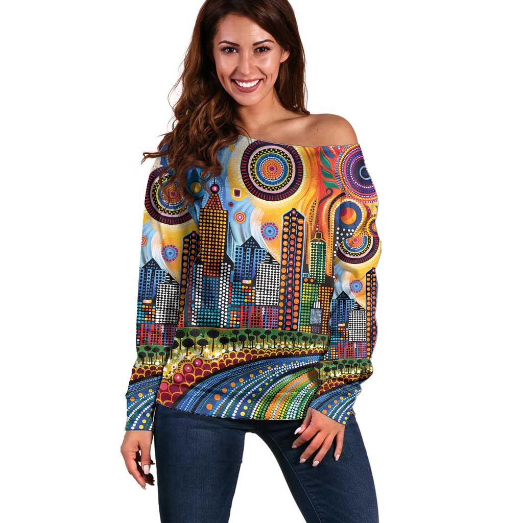 The Gold Coast Queensland Off Shoulder Sweater Australian Landscapes Aboriginal Dot Painting