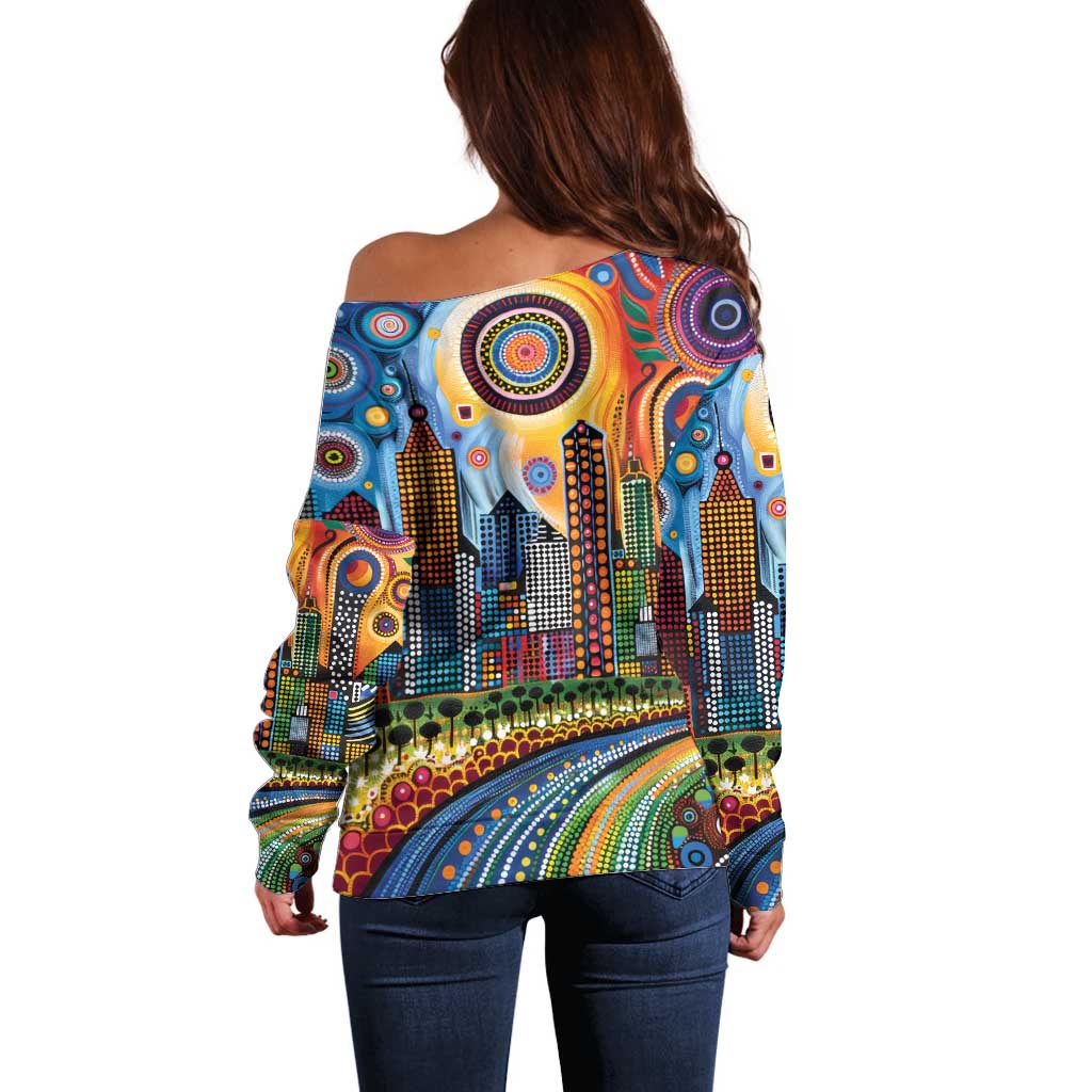 The Gold Coast Queensland Off Shoulder Sweater Australian Landscapes Aboriginal Dot Painting